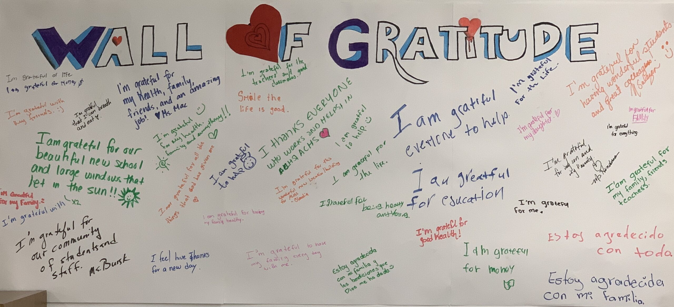 ACHS Wall of Gratitude-words of thanks from staff and students